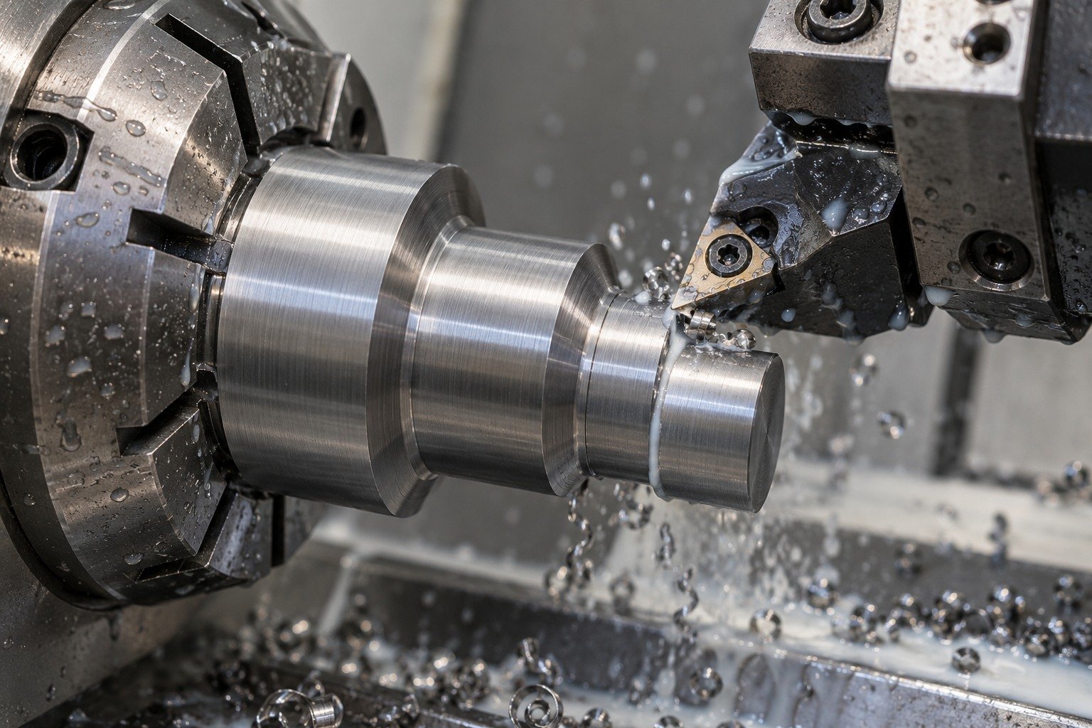 Short stout titanium stepped shaft firmly held in collet lathe,carbide insert physically contacts accessible outside shoulder,localized milky cutting fluid and wet short chips. — illustrative generated component concept
