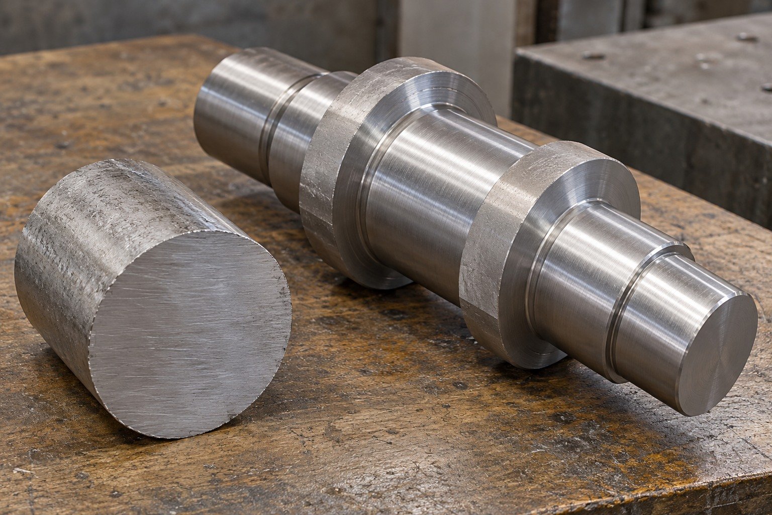 Short thick titanium round bar cutoff beside partly machined stepped shaft with wide retained finishing pads,blank material tag. — illustrative generated component concept