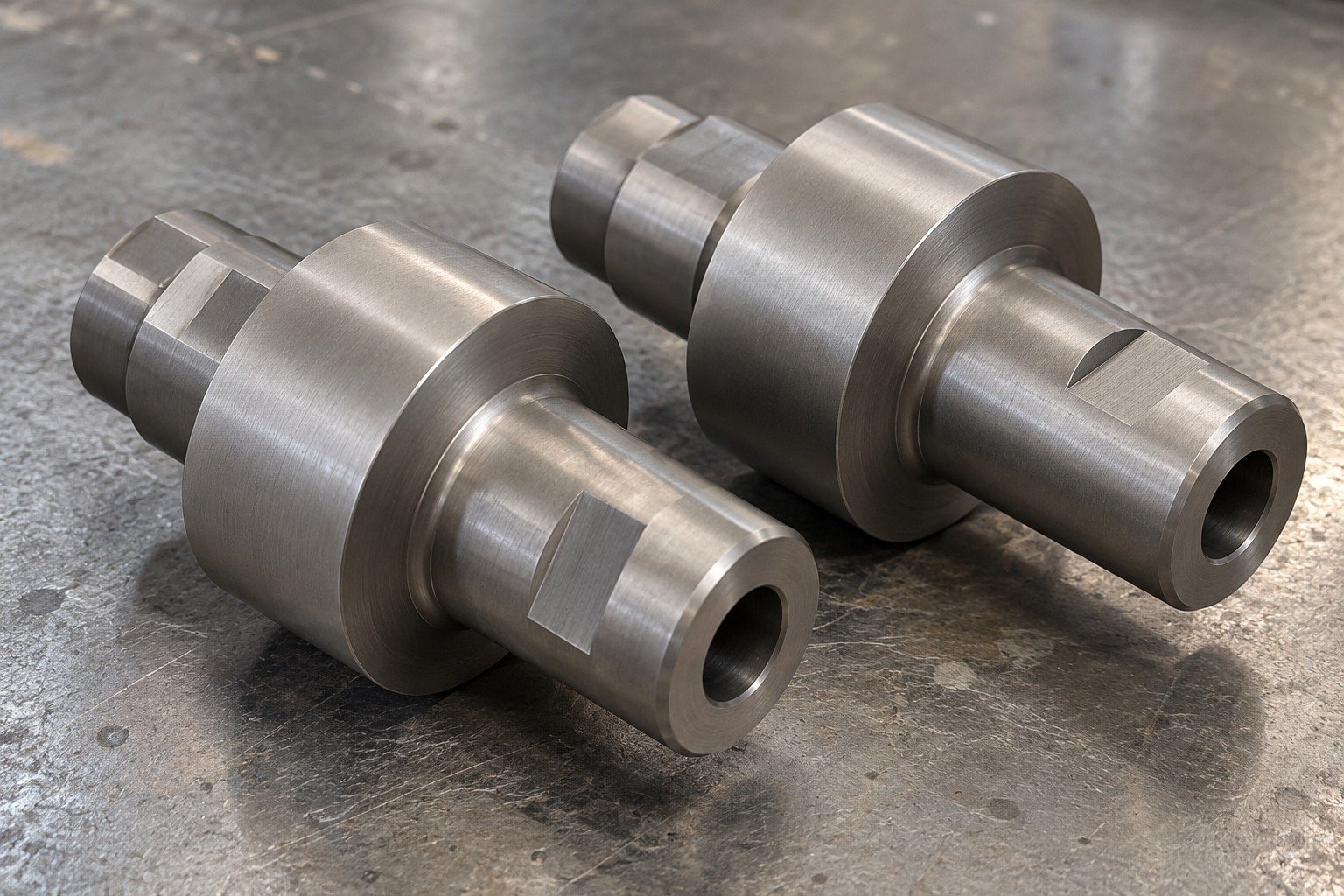 Two distinct short robust grey titanium stepped shafts with broad shoulders,one axial bore and two small wrench flats,blunt ends,no long thin shapes. — illustrative generated component concept