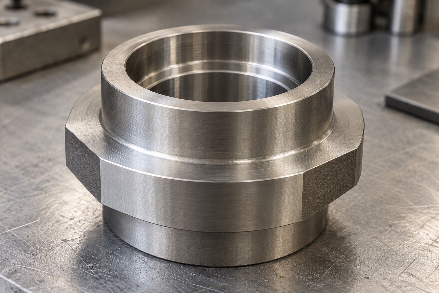 Macro of titanium short stepped bearing housing with large accessible bore,broad axial shoulder,two external datum flats and controlled internal radii. — illustrative generated component concept