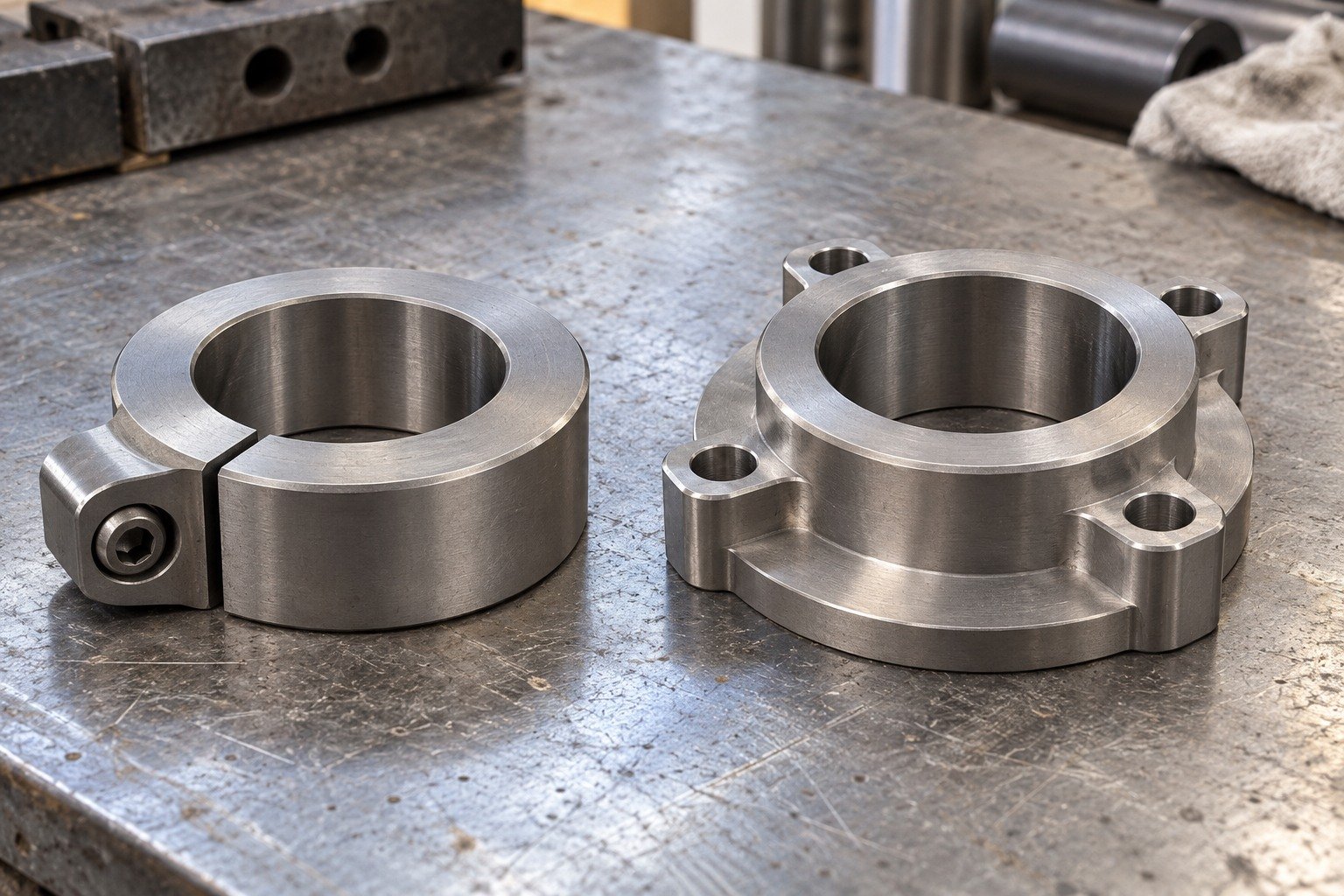 Two distinct short broad titanium locating collars,one split ring with offset clamping ear,one four-lug wide flange collar,precise large bores and blunt robust edges. — illustrative generated component concept