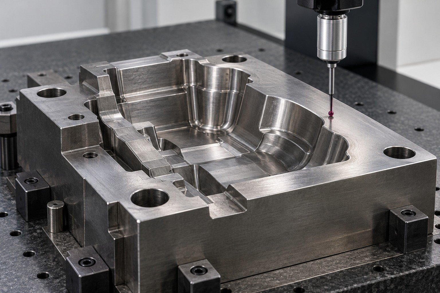 A die-casting cavity insert in a CMM fixture with ruby stylus physically touching a broad parting surface near a rounded pocket, plausible probe clearance. — illustrative generated component concept