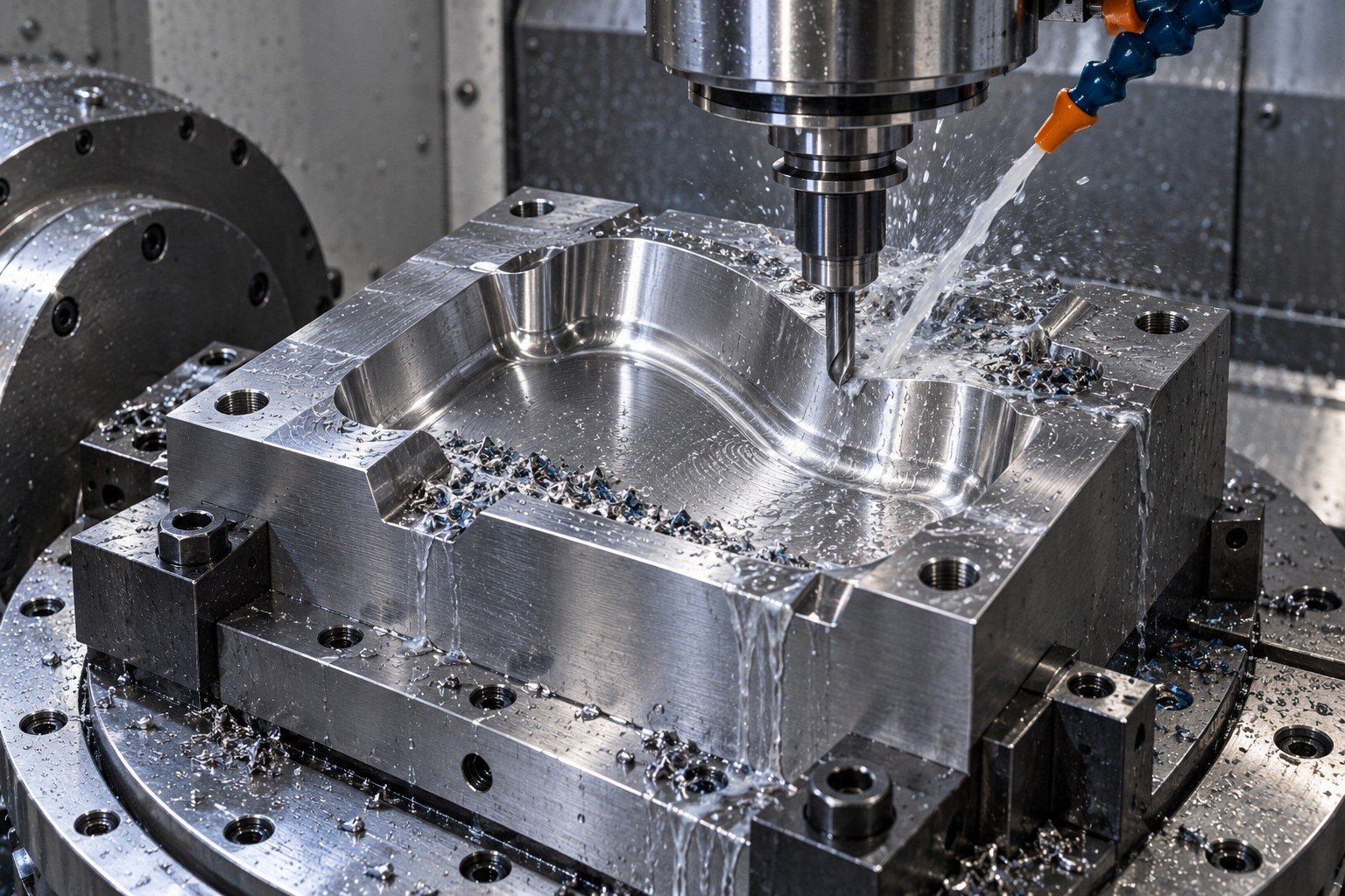 A cavity insert securely clamped in a five-axis milling fixture, ball end mill finishing an accessible broad rounded pocket, localized cutting-fluid stream and wet chips. — illustrative generated component concept