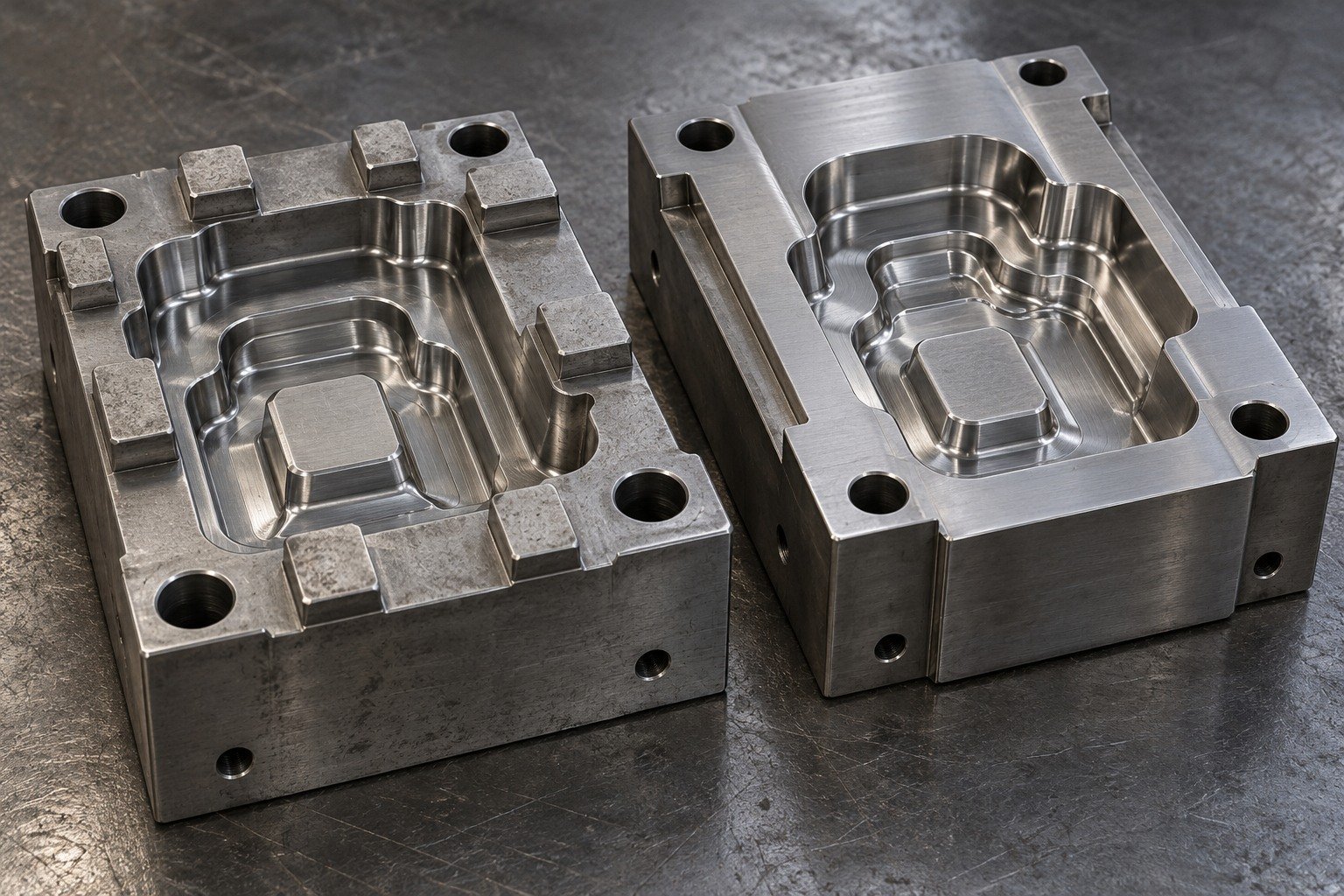 Two cavity inserts with different rounded stepped pockets and broad supporting sections, unfinished raised reference pads on one and ground parting lands on the other. — illustrative generated component concept
