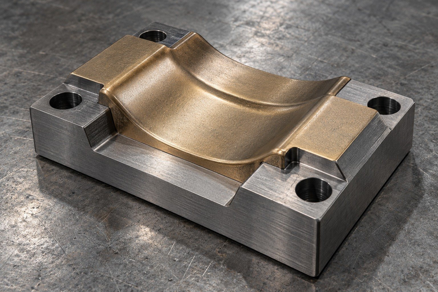 A small forging-insert sample with a shallow curved impression, muted bronze-gold appearance on the upper pad and uncoated grey mounting lands, plausible masking boundaries. — illustrative generated component concept