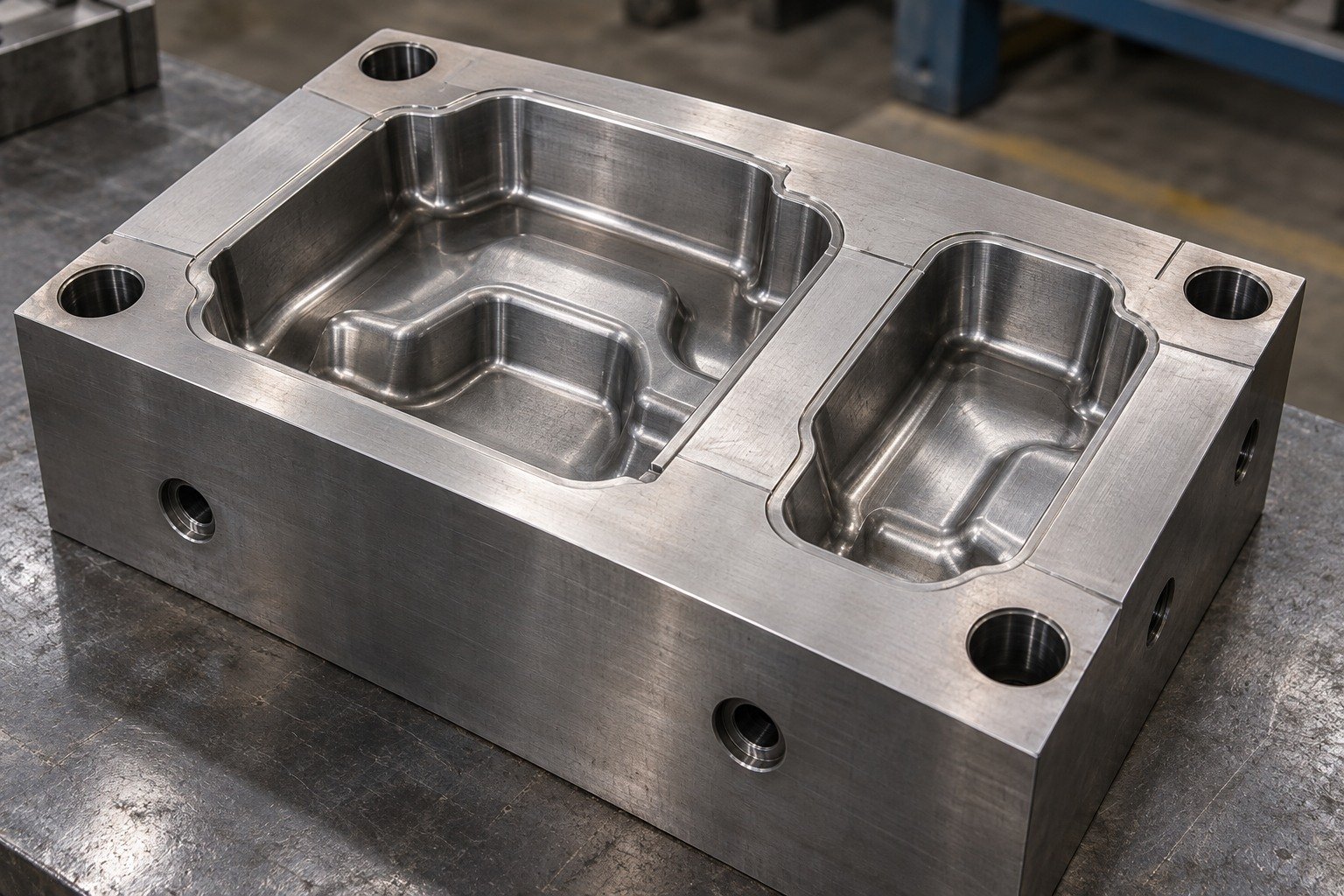 A rectangular die-casting cavity insert with two unequal deep rounded pockets, broad parting lands, four mounting bores and side cooling-port bores, satin steel, no impossible sealed channels. — illustrative generated component concept