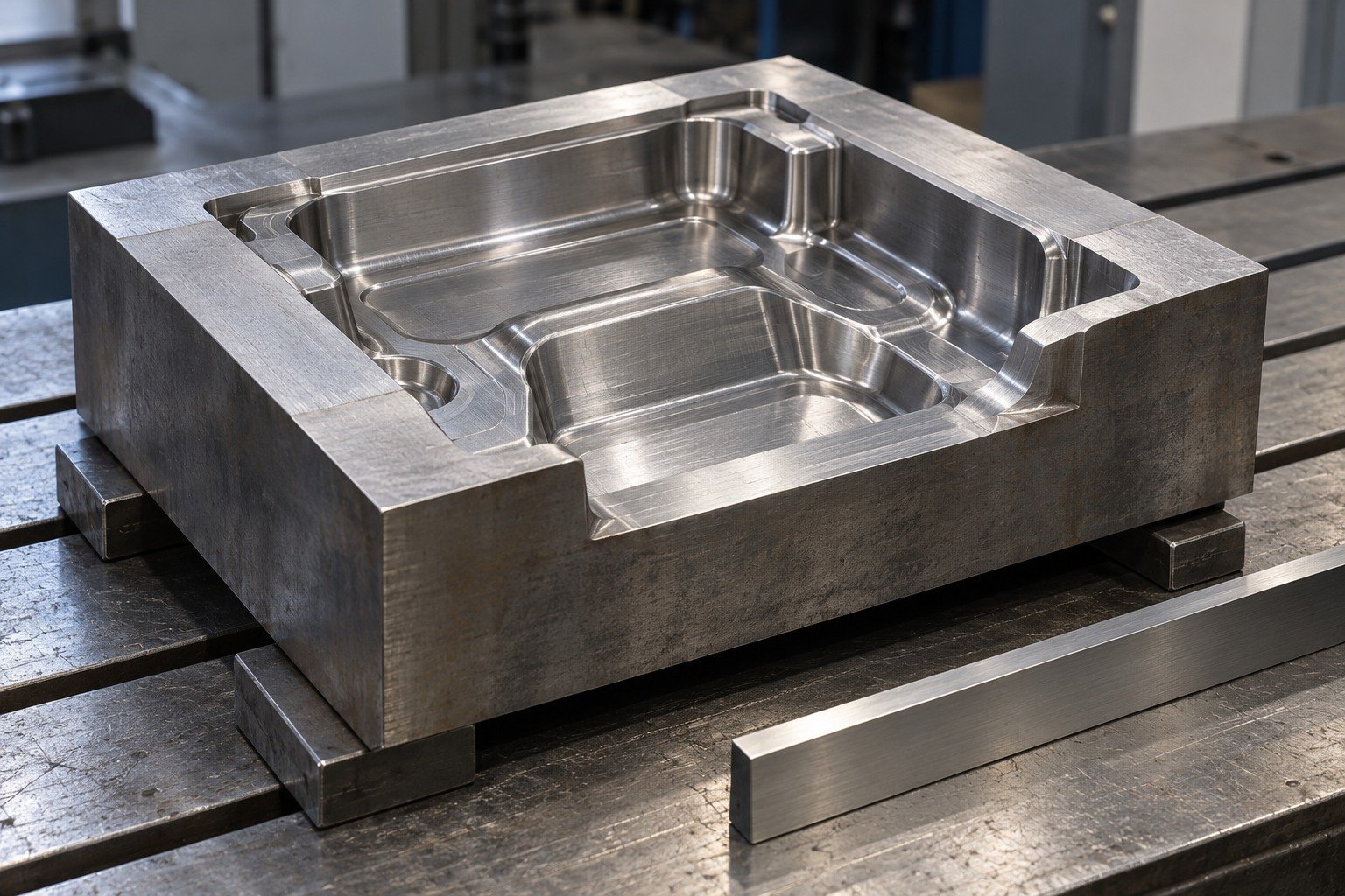 A rough cavity insert with wide finishing-stock bands and thick surrounding wall on parallels beside a precision straightedge, no simulated warping or red-hot metal. — illustrative generated component concept