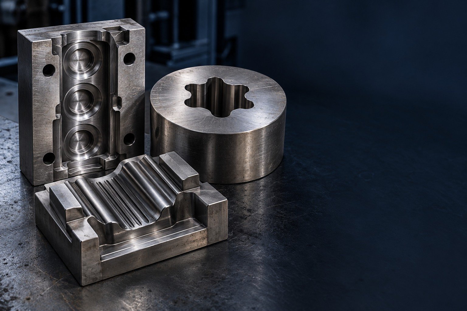 Wide catalog arrangement of hot-work tooling concepts on LEFT half: a rectangular die-casting cavity insert with three stepped circular pockets and two cooling-port bores, a thick round extrusion die with a lobed central opening, and a ribbed forging insert — illustrative generated component concept