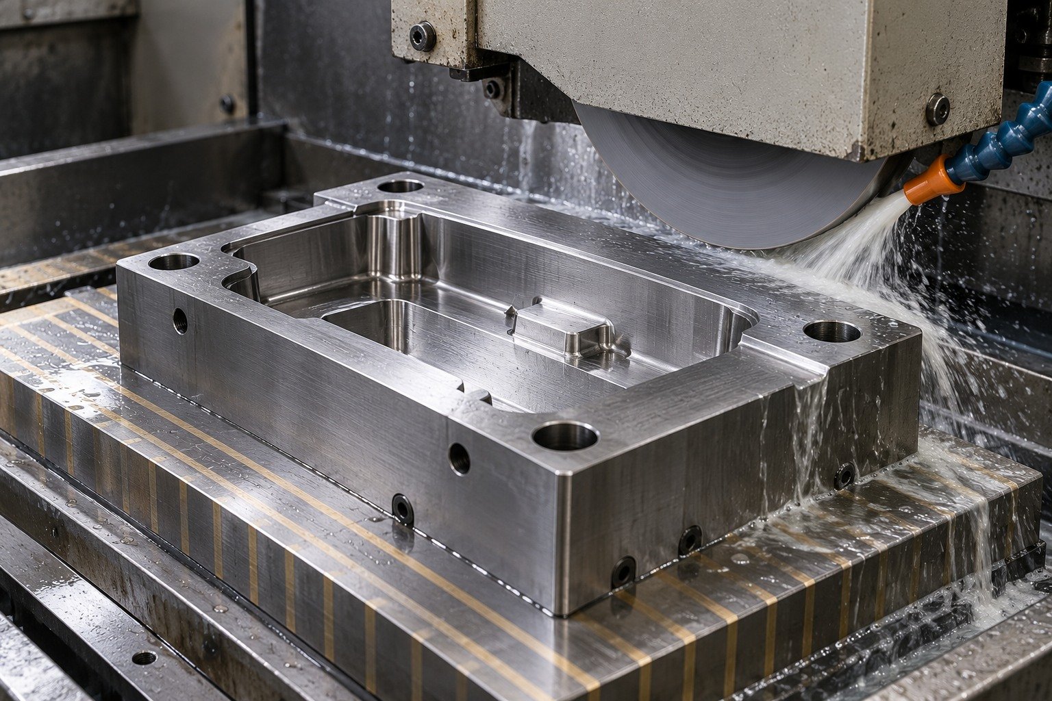 A rectangular cavity insert on a magnetic chuck beneath a guarded surface-grinding wheel, narrow visible wheel contacting a broad parting land with controlled coolant. — illustrative generated component concept