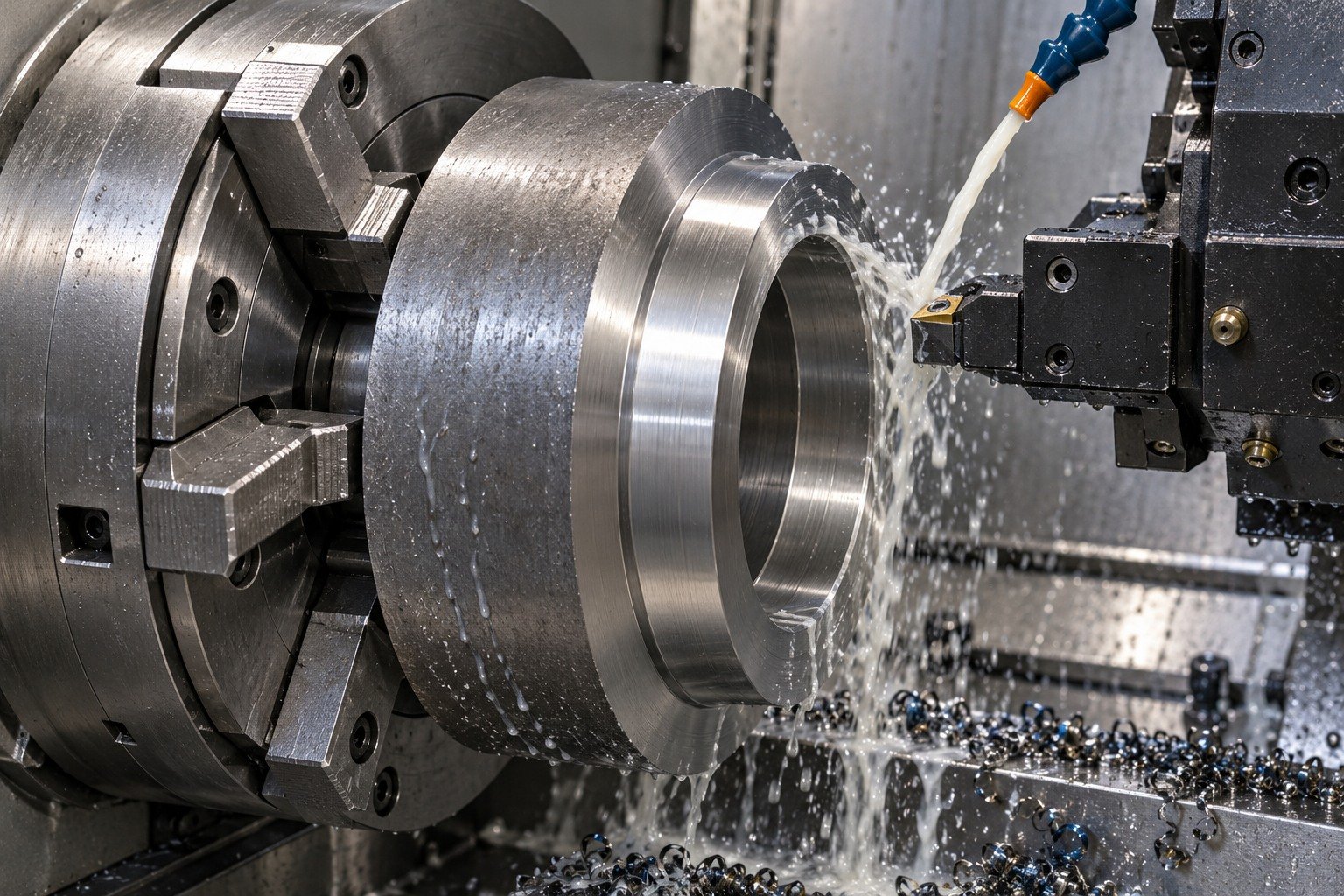 A thick stepped die support ring in a three-jaw lathe chuck, carbide tool finishing an accessible locating land, visible cutting-fluid stream and wet chips. — illustrative generated component concept