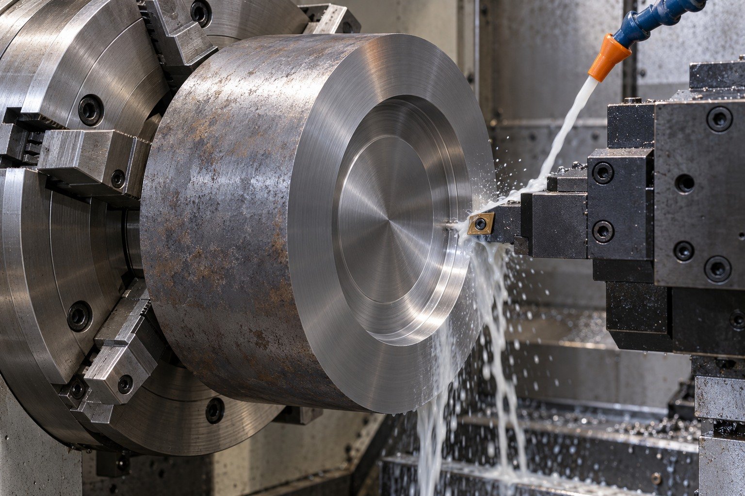 A thick circular extrusion die blank securely held in a four-jaw lathe chuck, insert tool machining a wide concentric locating recess, milky cutting fluid at contact. — illustrative generated component concept