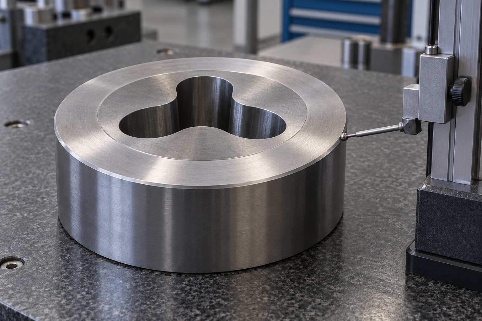 A thick round extrusion die with a three-lobed opening on granite, height-gauge stylus contacting its broad outer locating land, no display numbers. — illustrative generated component concept