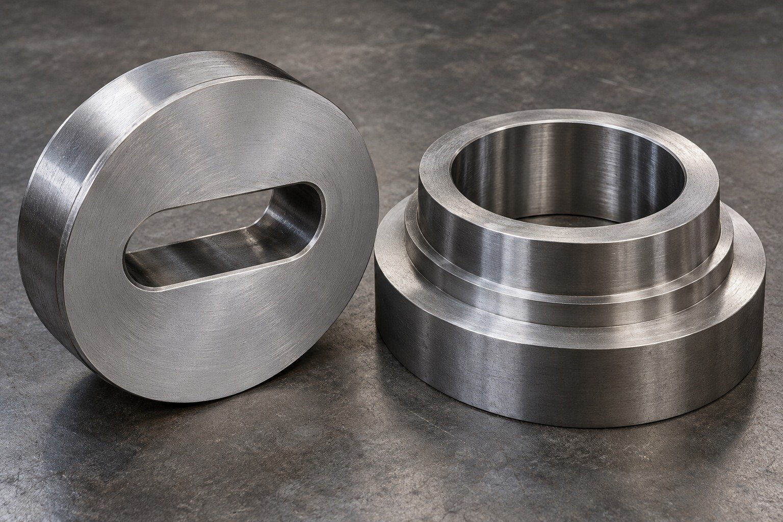 Two distinct extrusion die concepts, one round plate with offset oblong aperture and one stepped supporting ring, broad ground mating lands, thick supported sections. — illustrative generated component concept