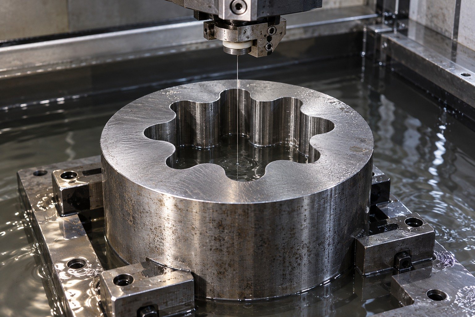 A thick round extrusion die with a lobed through-profile in a wire EDM machine, one hair-thin vertical wire and credible upper guide, dielectric fluid, no milling spindle or sparks. — illustrative generated component concept
