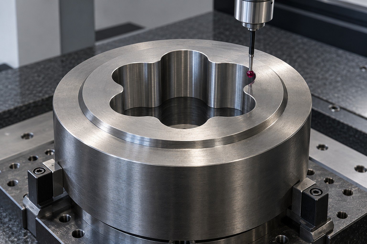 A thick round extrusion tool with a smooth lobed central opening and stepped outer locating land on a CMM fixture, ruby probe contacting the accessible inner profile. — illustrative generated component concept