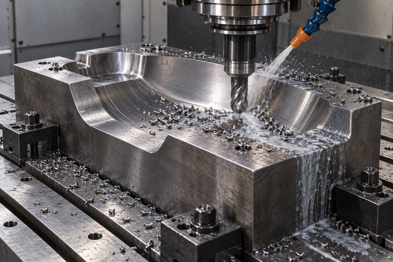 A forging die blank clamped on a milling table, ball end mill cutting a broad shallow curved impression with localized coolant, short wet metallic chips. — illustrative generated component concept