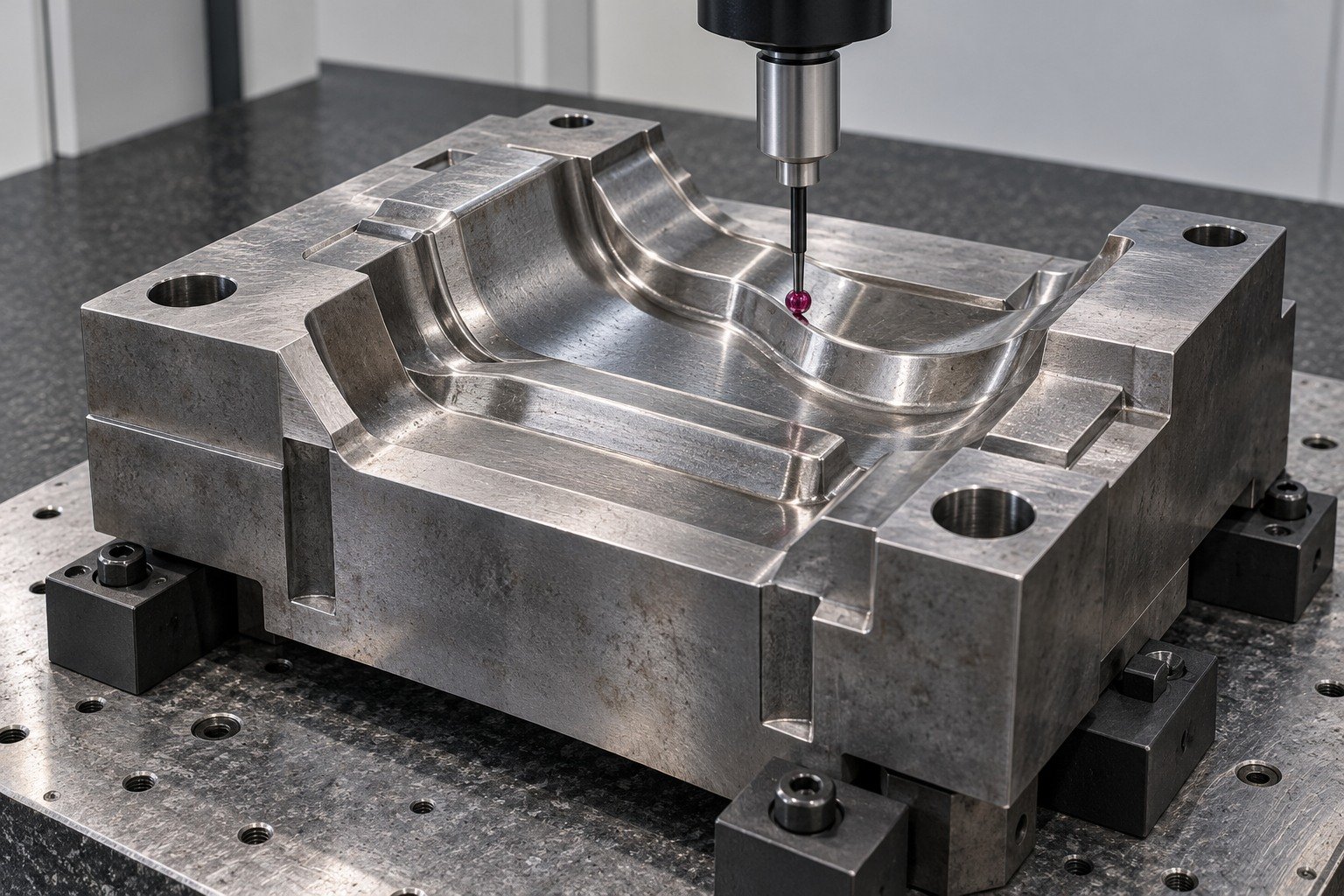 A forging die insert on a CMM fixture, compact ruby probe contacting a shallow curved impression with ample clearance, thick supported geometry. — illustrative generated component concept
