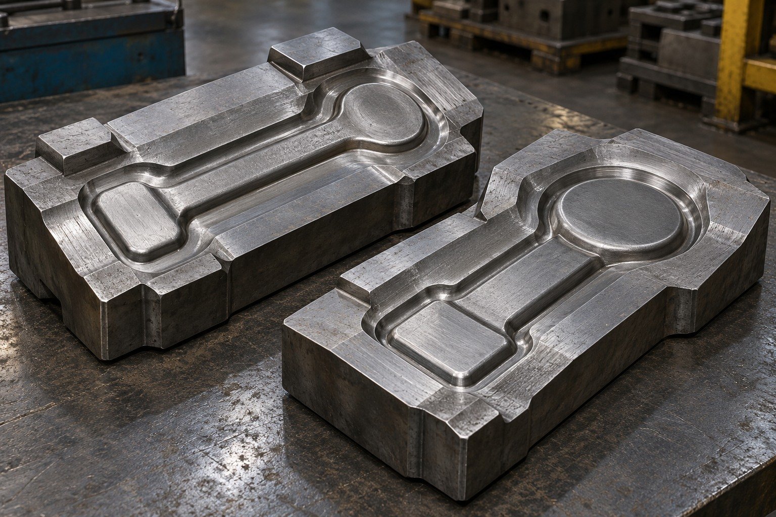 Two forging die inserts with different shallow broad impressions and wide flash lands, raised machining-stock pads on one, no glowing metal. — illustrative generated component concept