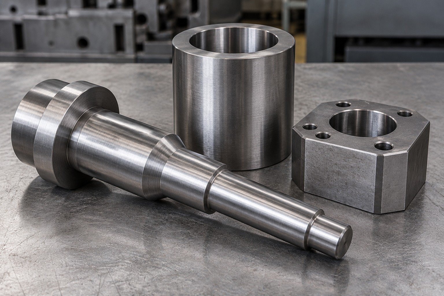 A stout stepped hot-work core pin with broad shoulder beside a thick cylindrical support sleeve and an octagonal mounting block, industrial catalog photograph. — illustrative generated component concept