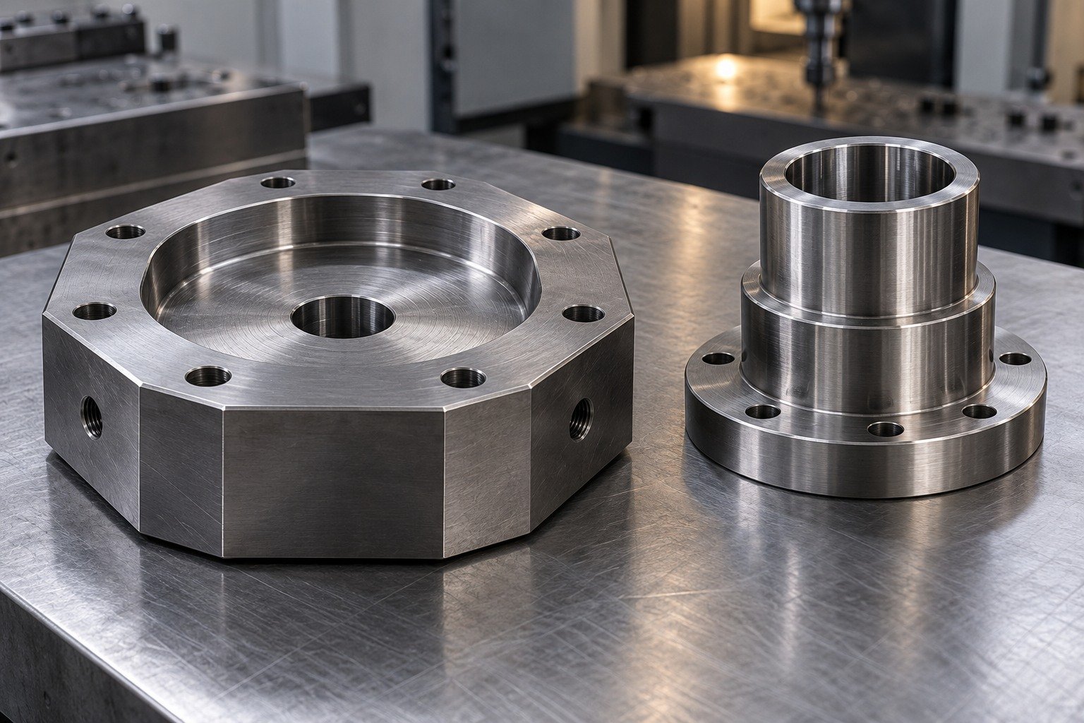 An octagonal tool holder with broad shallow pocket and a separate thick flanged support sleeve with stepped locating diameters, natural steel finish. — illustrative generated component concept
