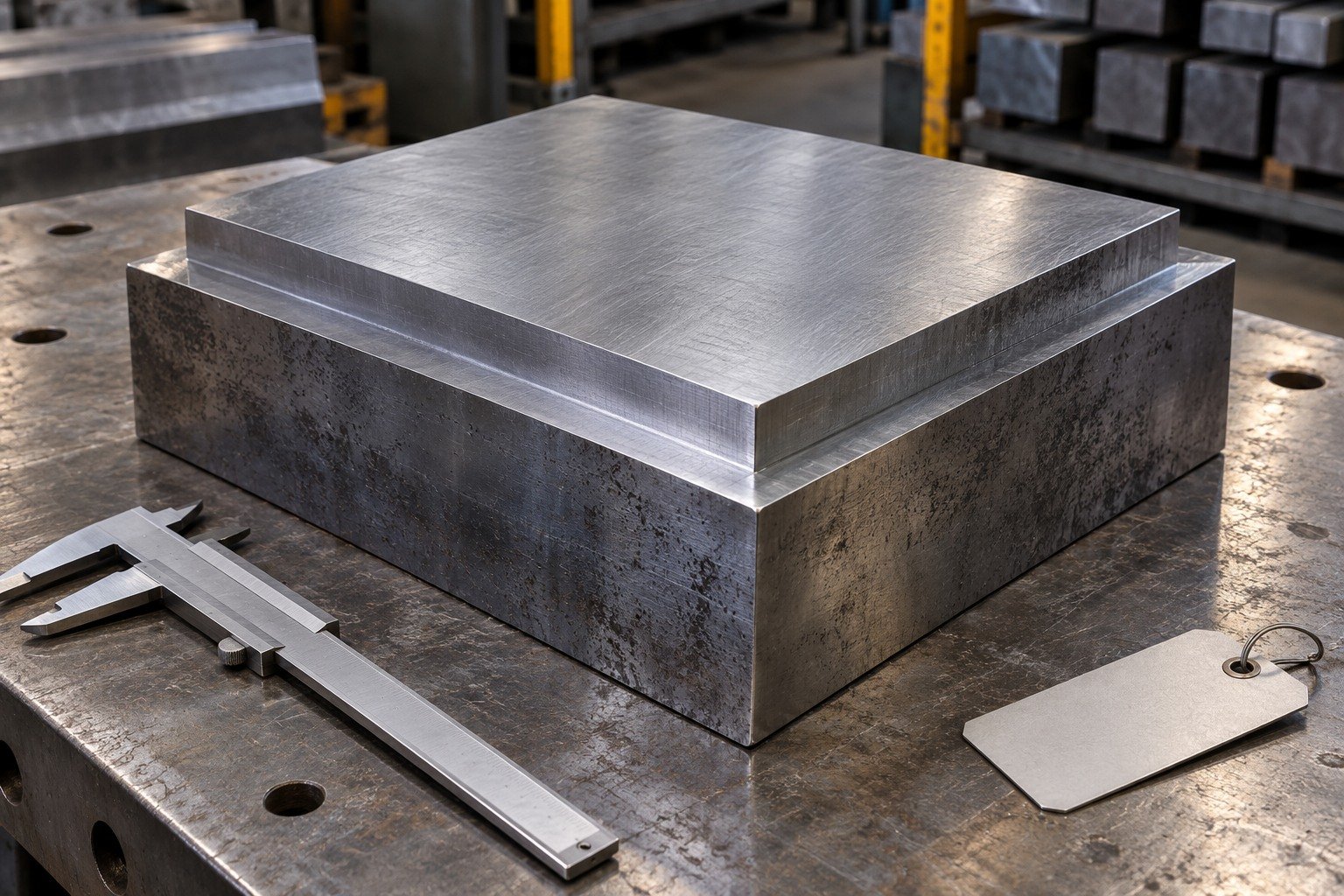 A square die billet with a shallow reference step on a receiving bench, caliper adjacent and blank inventory tag, no measurement numbers. — illustrative generated component concept
