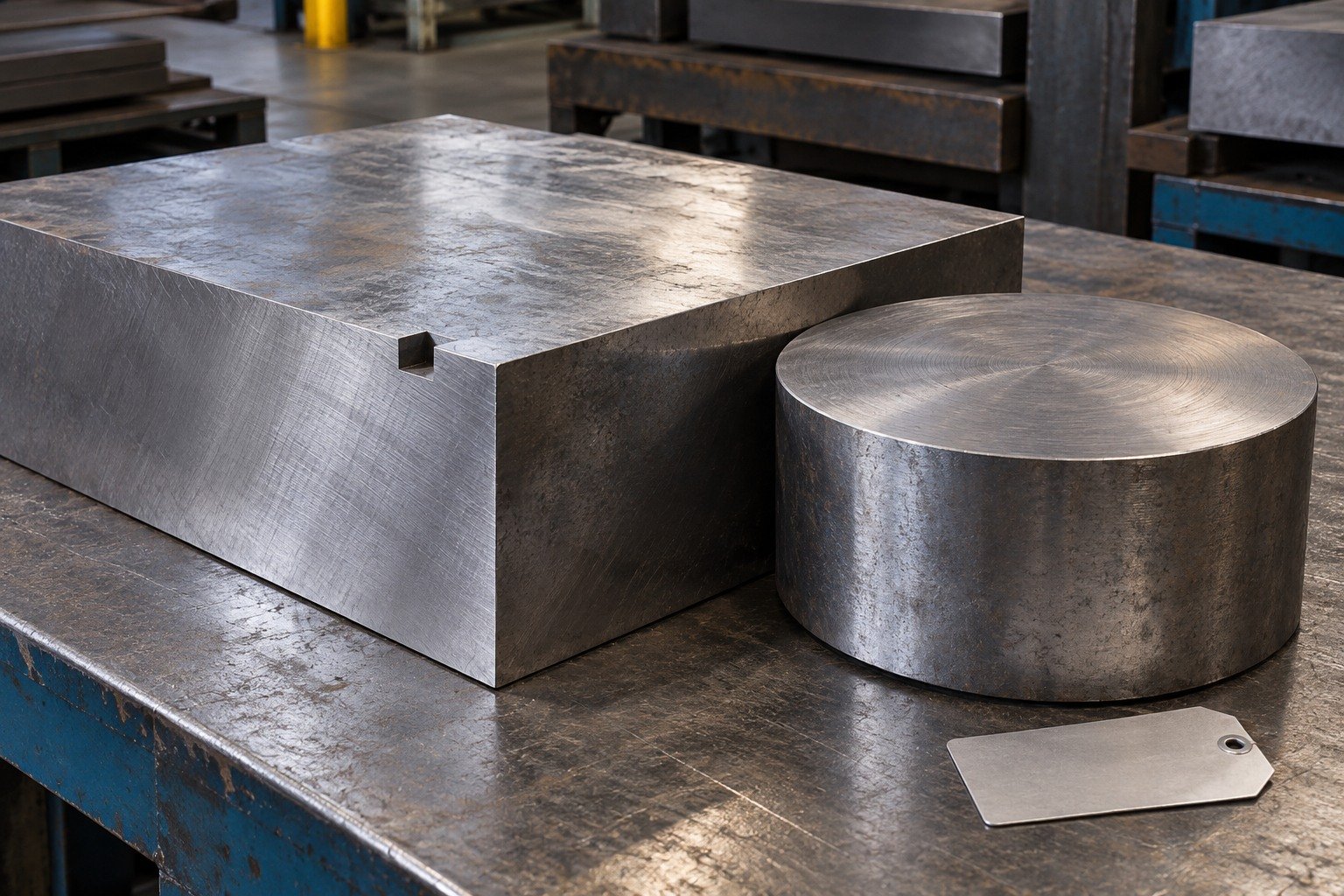 A thick square tool-steel billet with a shallow locating notch and a separate thick round cutoff, blank inventory tag, receiving bench, no grade stamps or certificates. — illustrative generated component concept