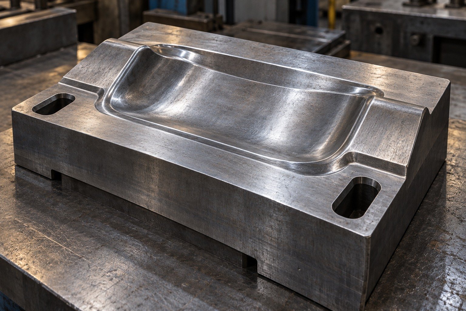A rectangular forging die insert with a shallow broad curved impression, wide flash land and two mounting slots, generous transition radii and thick supporting base. — illustrative generated component concept