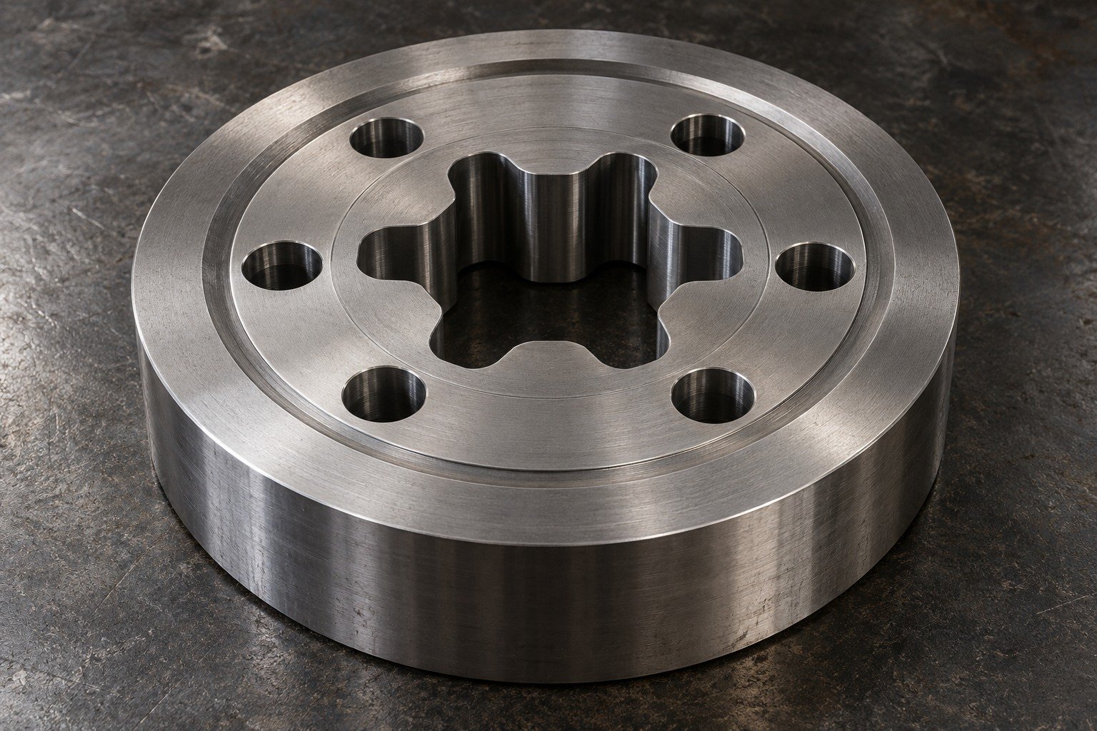 A thick circular extrusion die concept with lobed central through-opening, six evenly spaced mounting bores and broad concentric supporting lands on a dark steel bench. — illustrative generated component concept