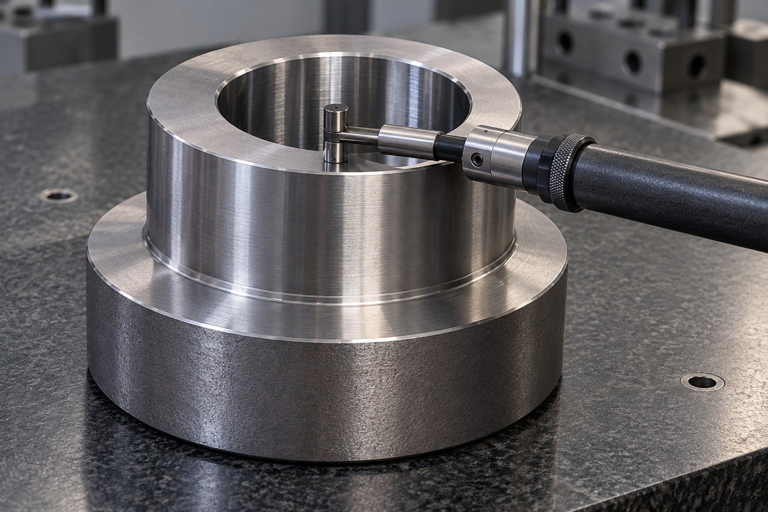 A thick stepped support sleeve on granite, compact bore-gauge contacts physically inside its accessible bore, no hands or numeric display. — illustrative generated component concept