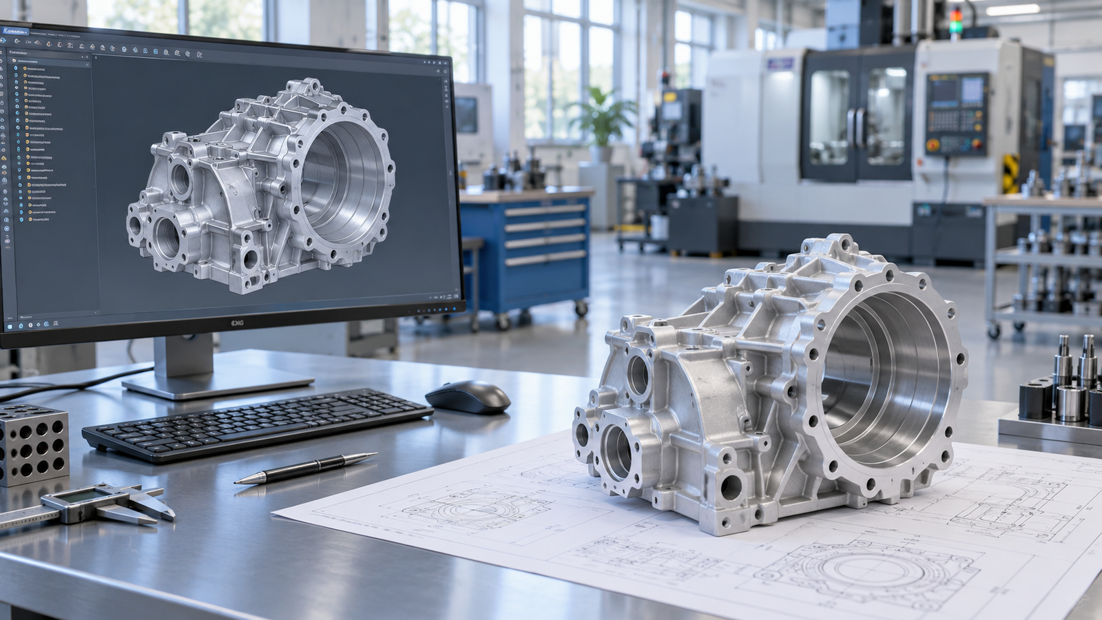 Illustrative CAD model and corresponding machined aluminum development housing