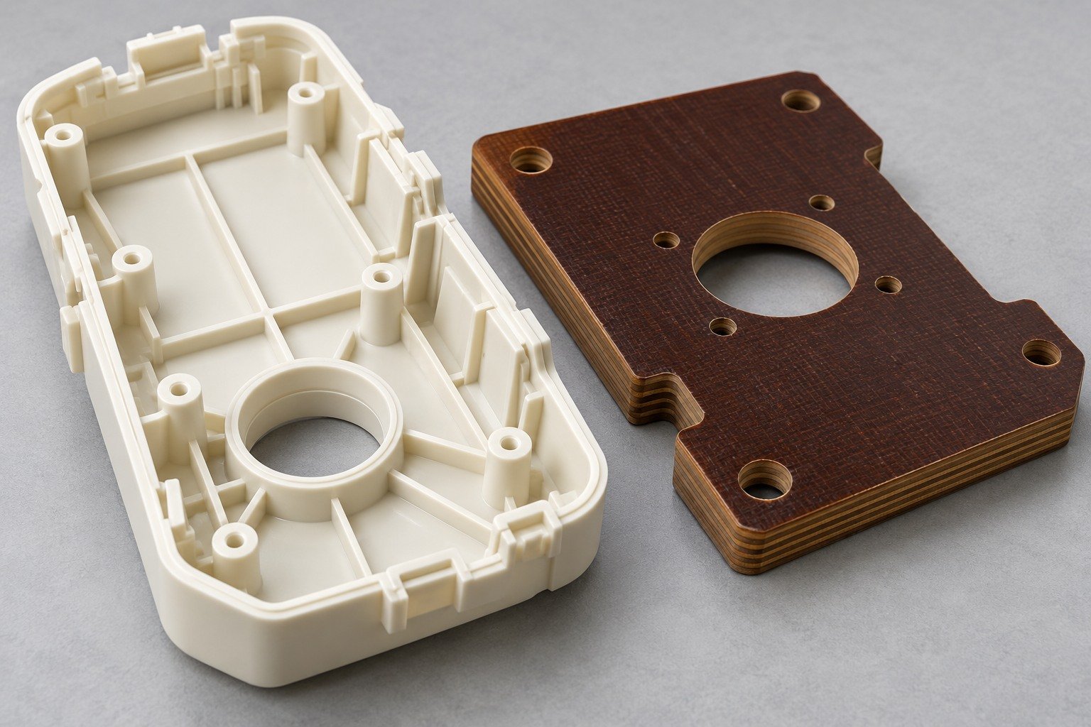 Illustrative thermoplastic cover and thermoset laminate material comparison