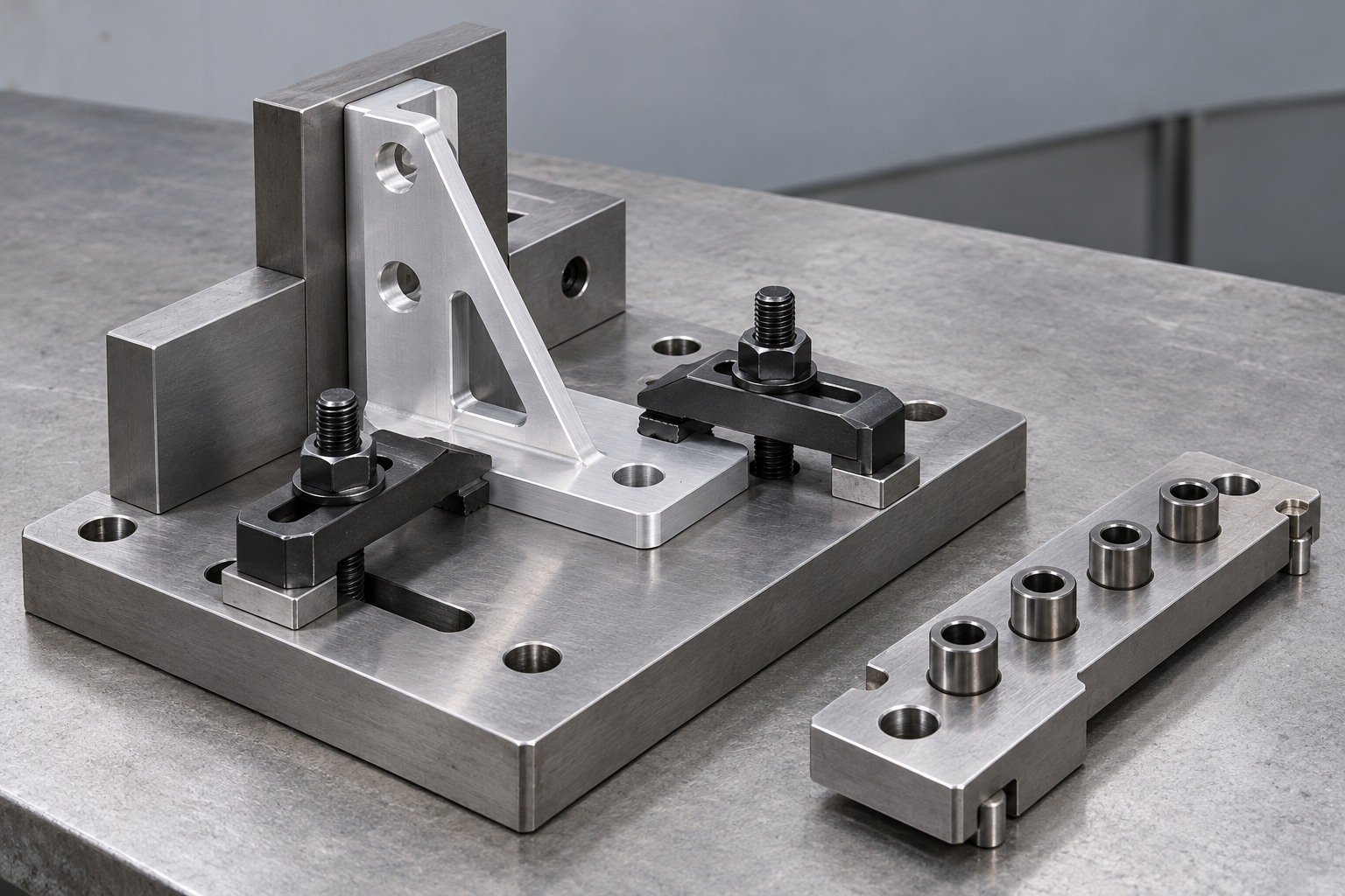 Illustrative drill-guide bushings and clamped machining fixture