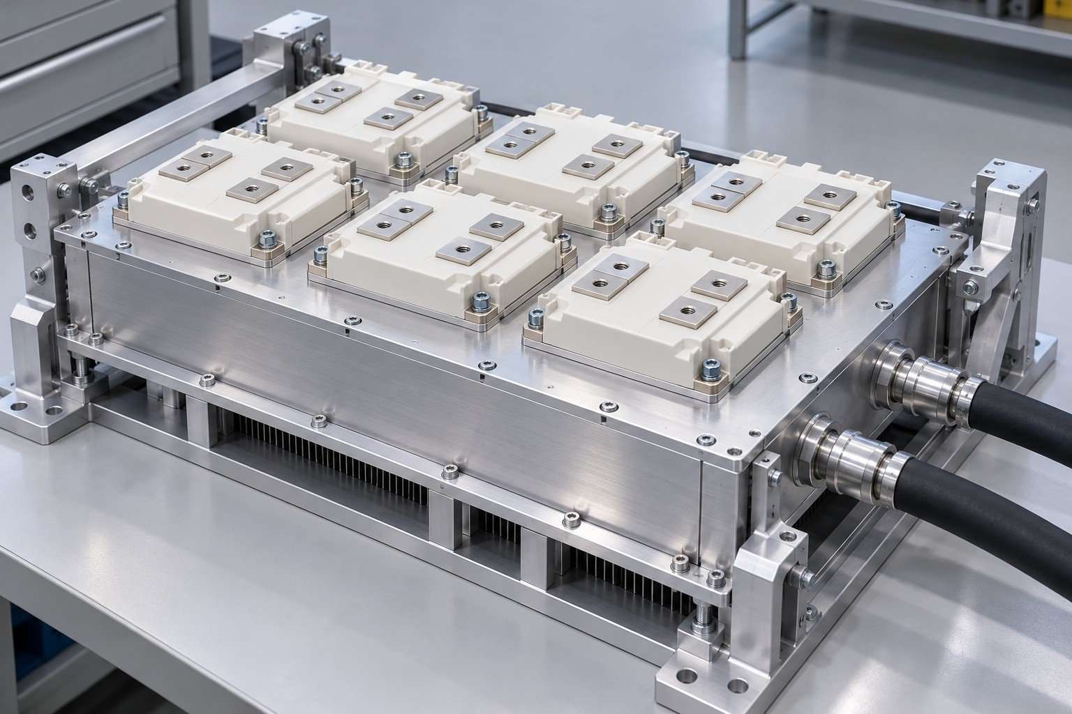 Illustrative generic IGBT modules on a closed cold plate integration fixture concept, not documentary company or customer photography