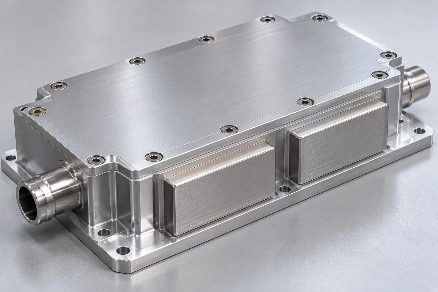 Illustrative page-specific IGBT cold plate contact lands and side ports concept; not a documentary customer part or confirmed module compatibility