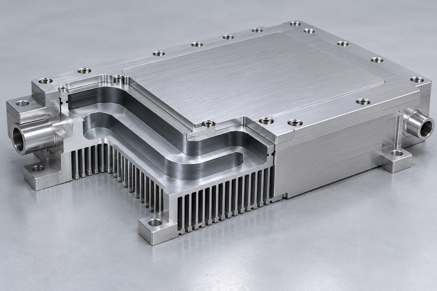 Illustrative sectioned IGBT cold plate passage and solid contact land concept, not documentary company or customer photography
