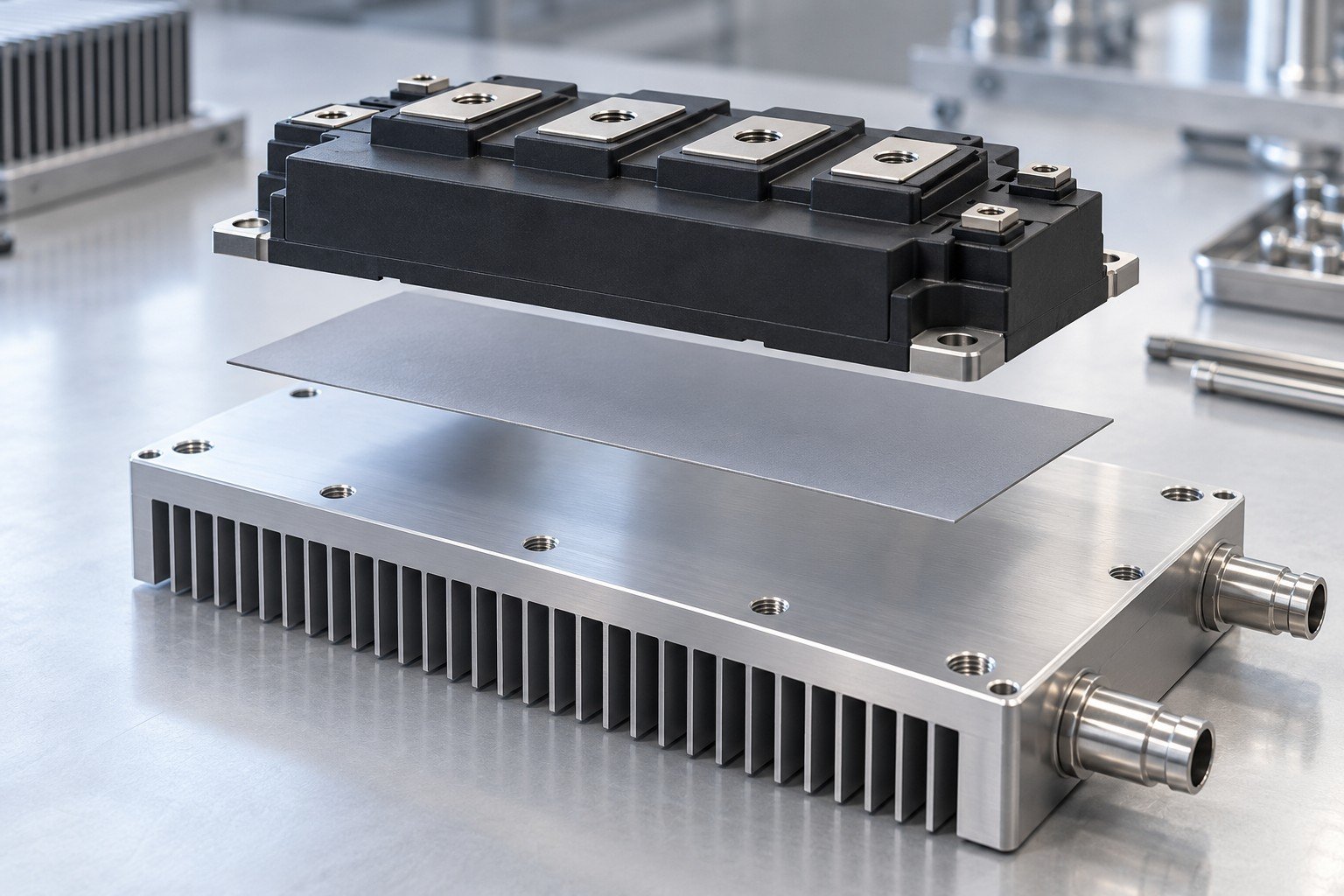 Illustrative exploded generic module, interface sheet and cooling surface concept; not documentary photography or proof of electrical insulation