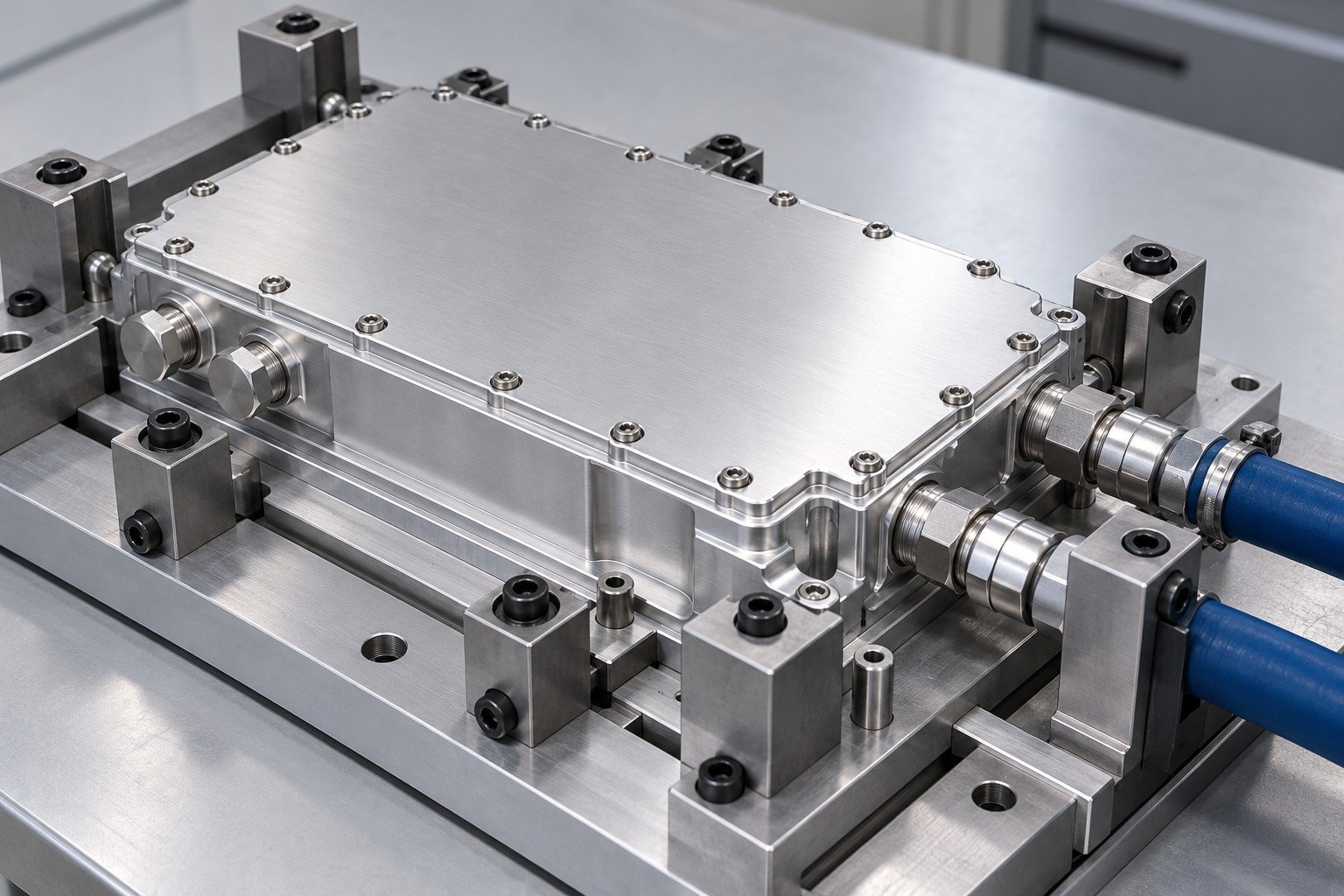 Illustrative connections and leak scope review for IGBT cooling components concept, not documentary company or customer photography