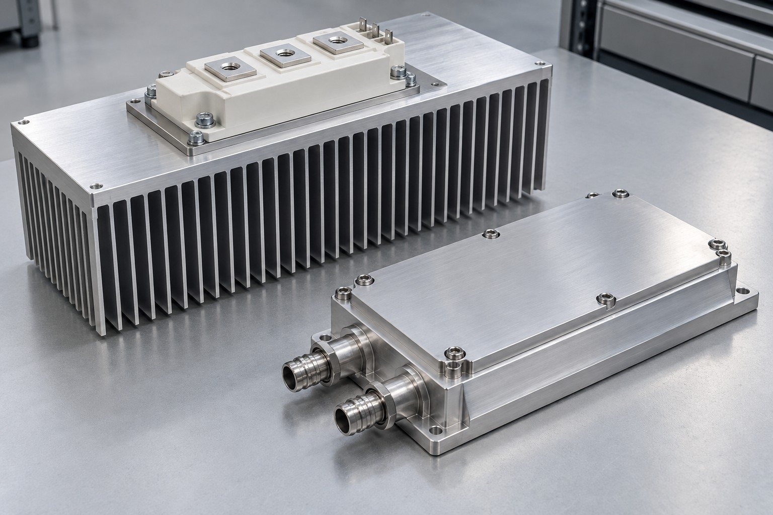Illustrative airflow and hydraulic boundary review for IGBT cooling components concept, not documentary company or customer photography