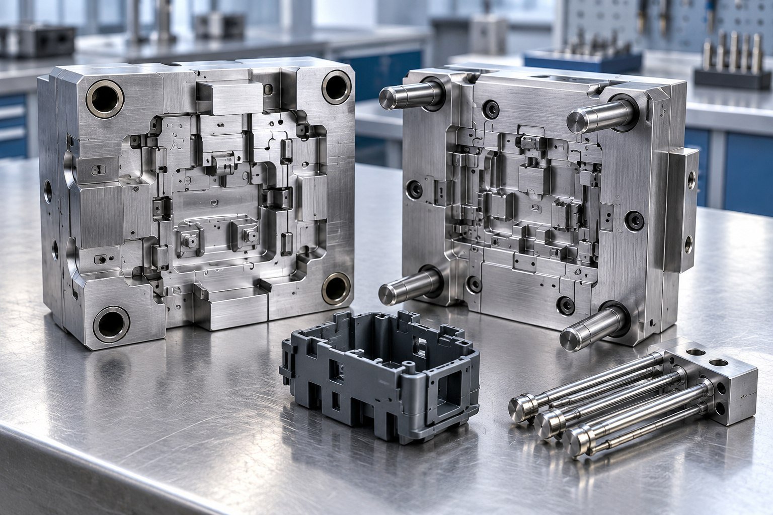 Illustrative injection mold tooling: core and cavity inserts, trial switch housing and ejector components
