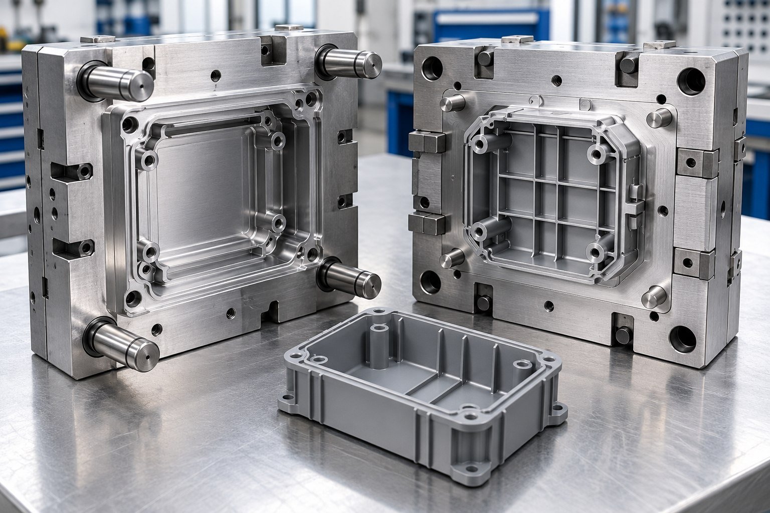 Open injection mold core, cavity and trial enclosure — illustrative concept
