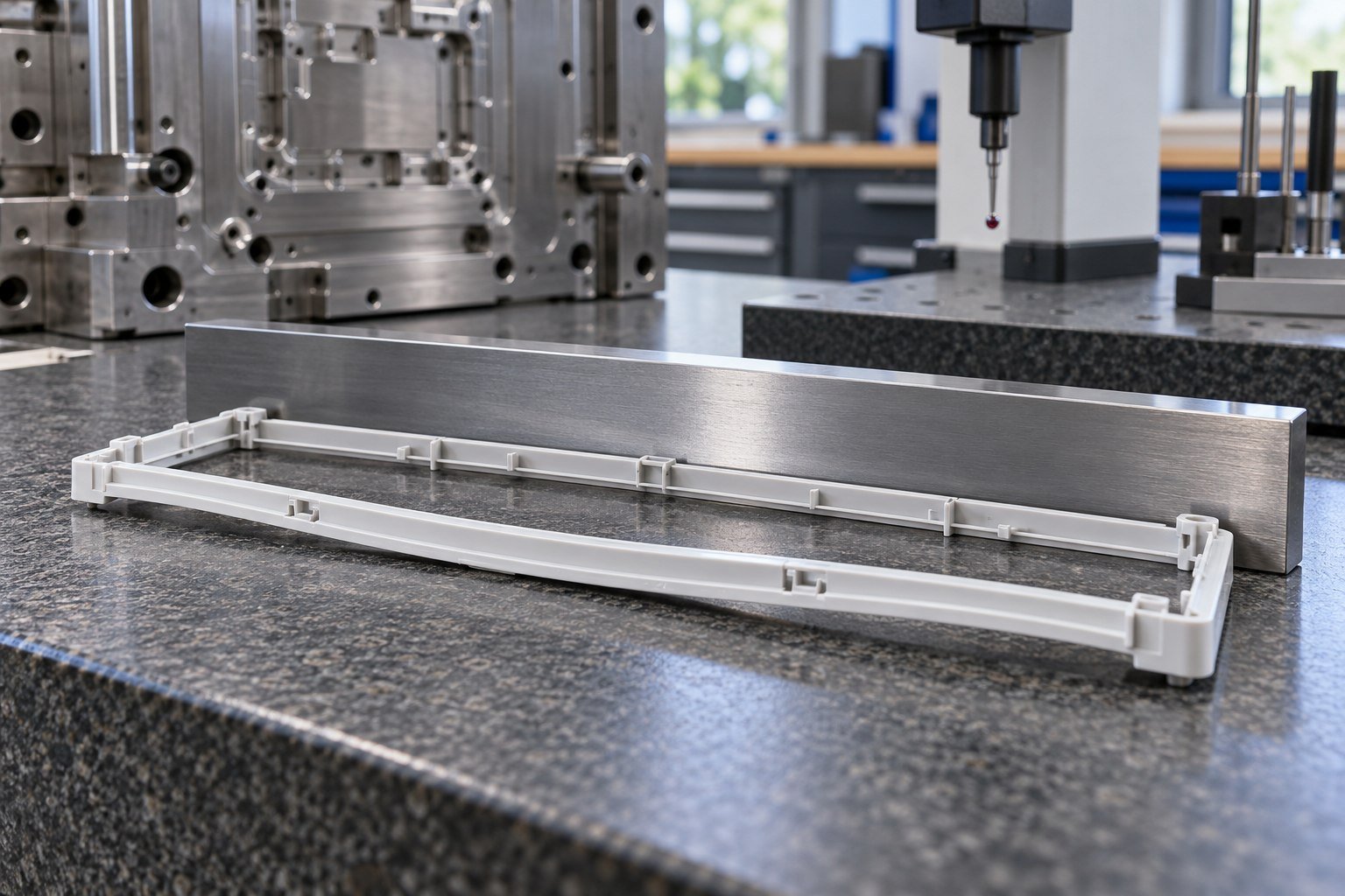 Warpage trial review — illustrative injection mold tooling concept