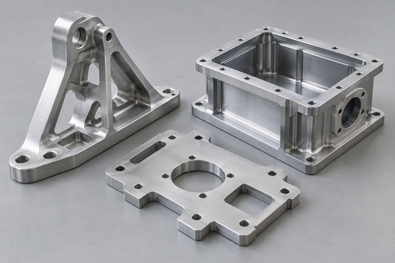 Prototype aluminum mounting bracket, empty instrument housing and locating plate; illustrative ground-support prototype component concept, not actual company/customer parts or qualification evidence