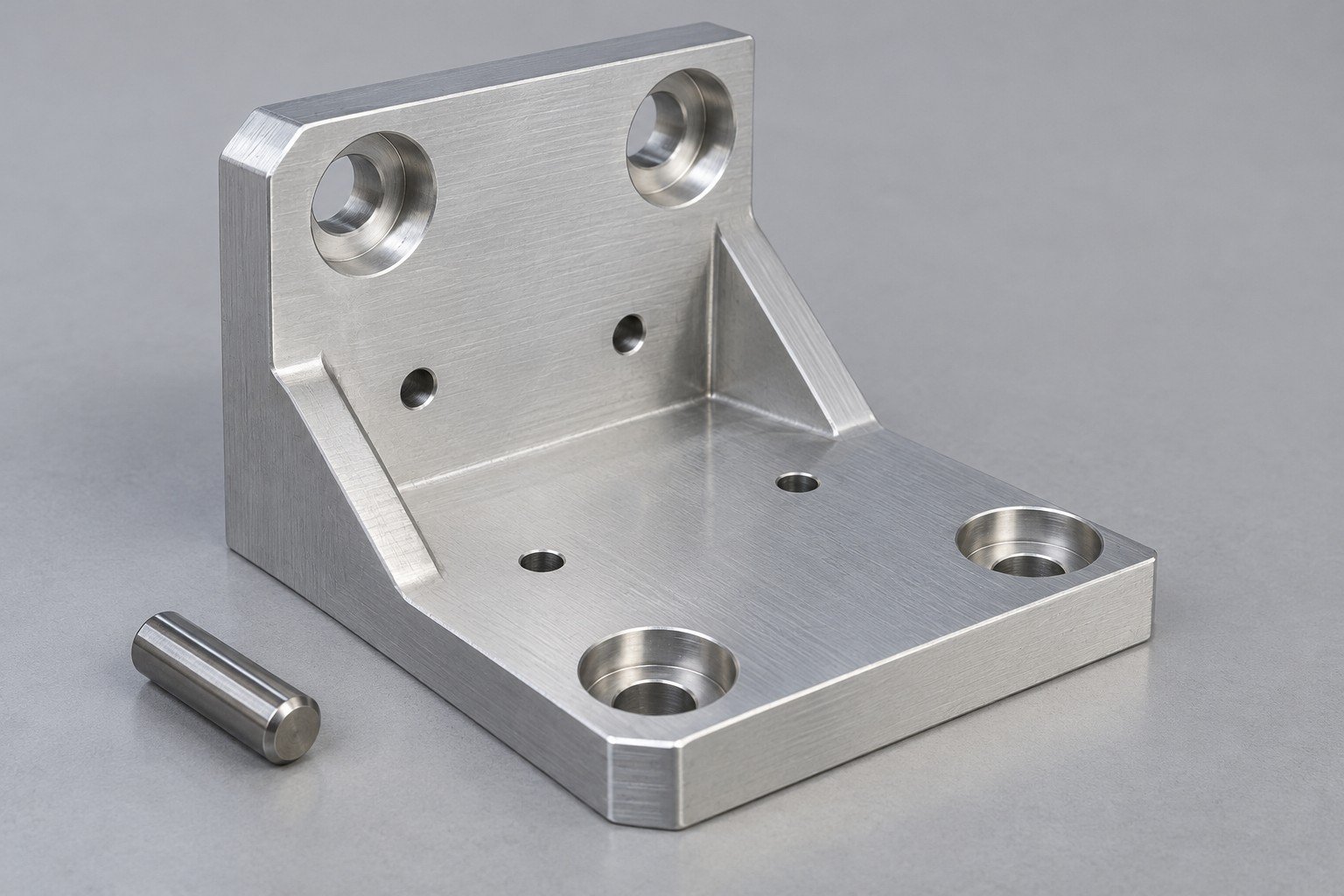 Test-rig mounting bracket with machined locating faces and separate dowel; illustrative ground-support prototype component concept, not actual company/customer parts or qualification evidence