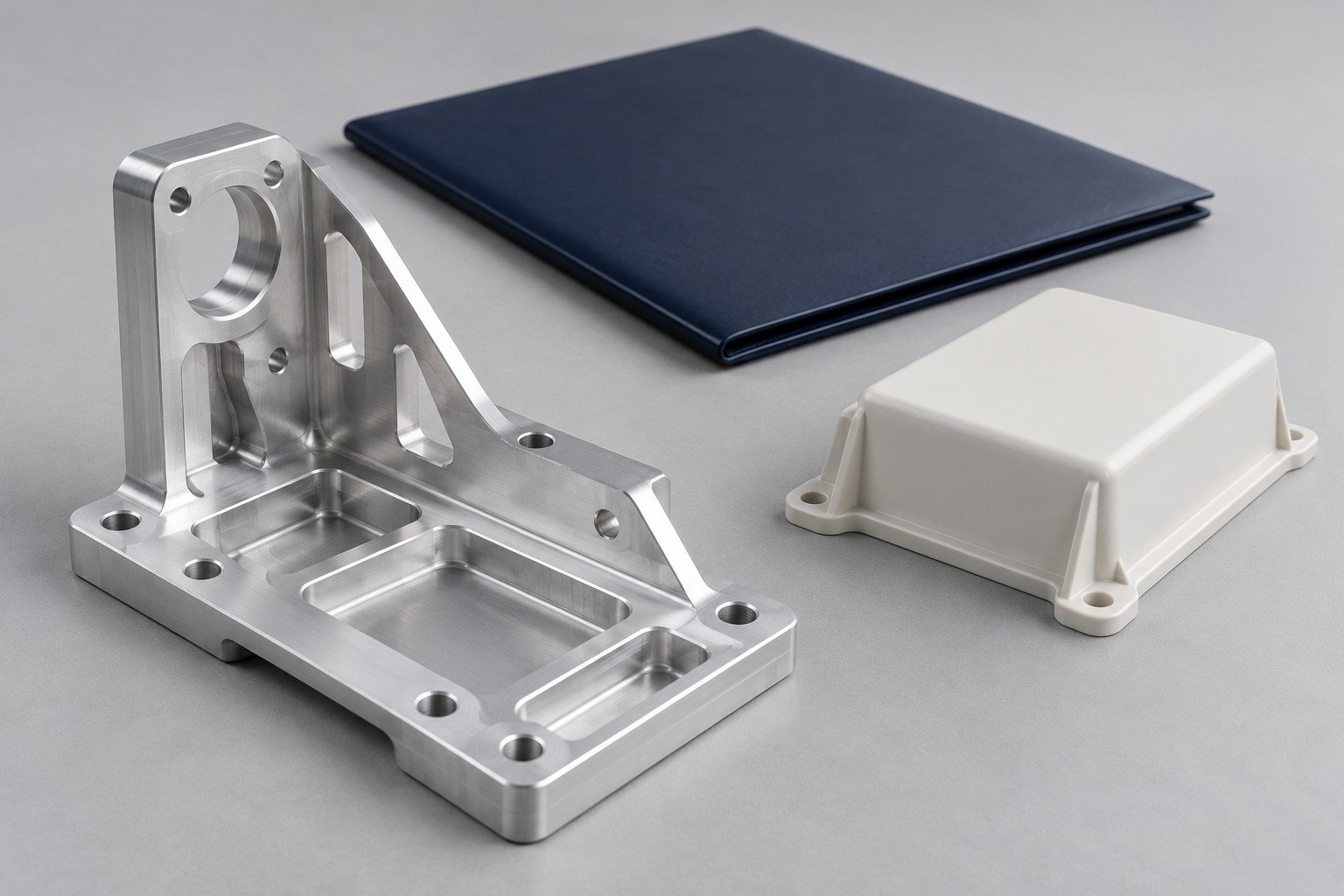 Pocketed support bracket, plastic equipment cover and plain closed folder; illustrative ground-support prototype component concept, not actual company/customer parts or qualification evidence