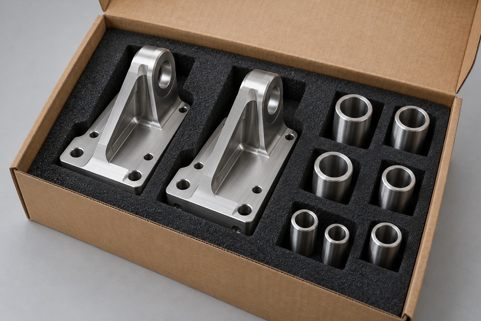Ground-test brackets and spacer sleeves in separate protective foam cavities; illustrative ground-support prototype component concept, not actual company/customer parts or qualification evidence