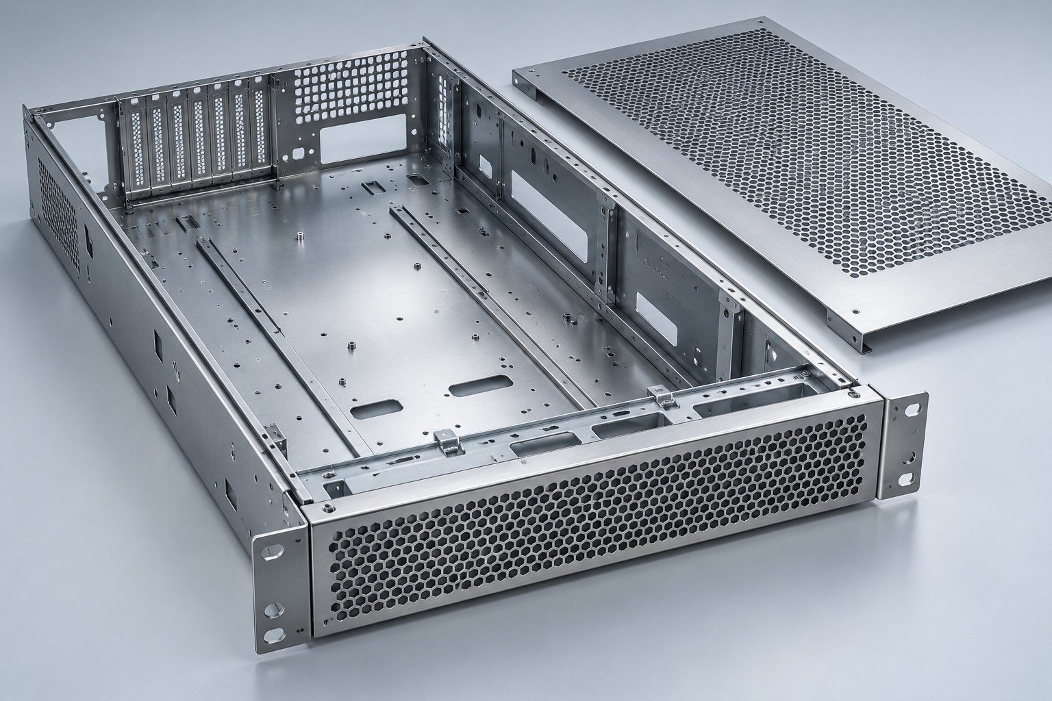 Bare server chassis with rack mounting ears and a separate perforated cover; illustrative component concept, not a customer part or company test record