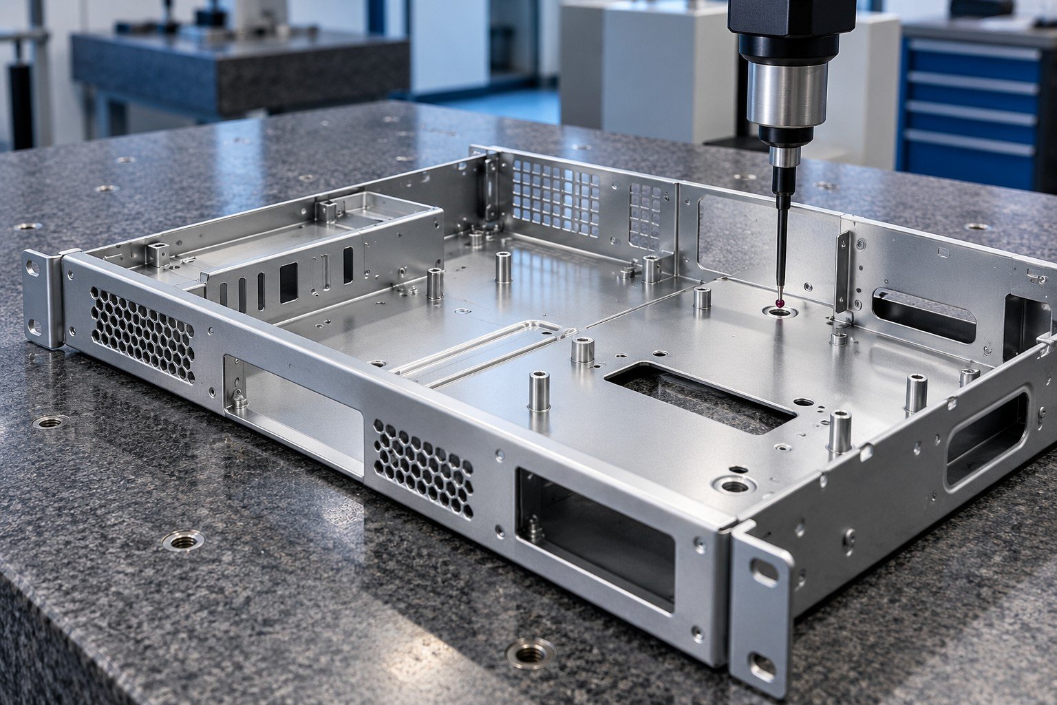 Server chassis tray with accessible datum holes reviewed by a CMM touch probe; illustrative component concept, not a customer part or company test record