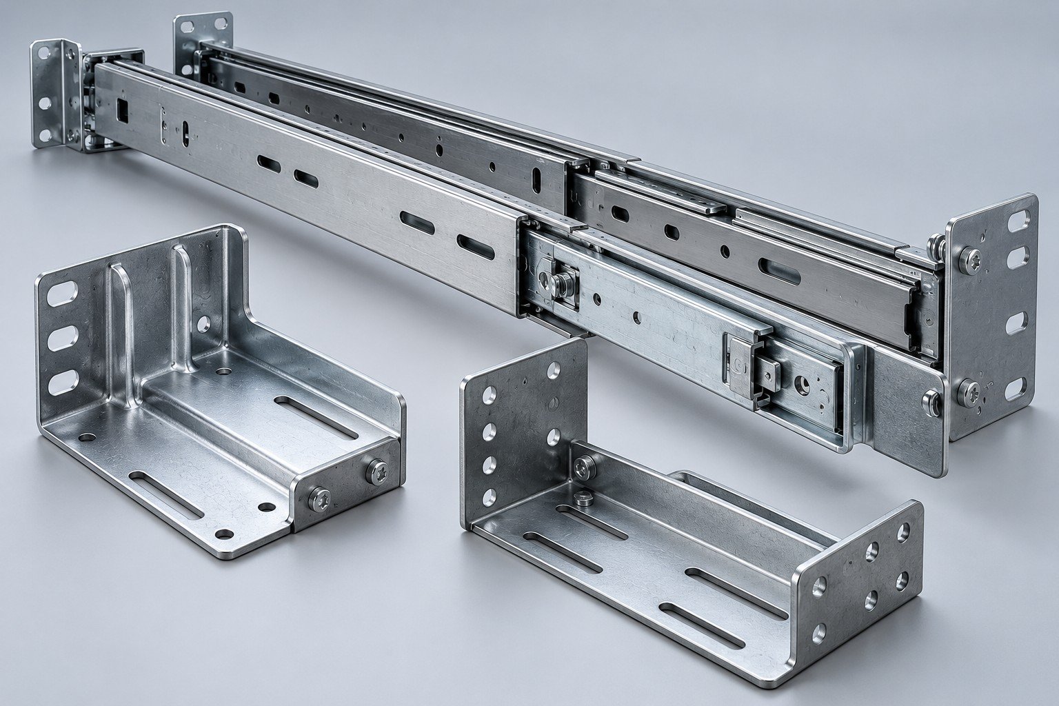 Distinct rack mounting brackets and a telescoping rail interface with elongated mounting slots; illustrative component concept, not a customer part or company test record