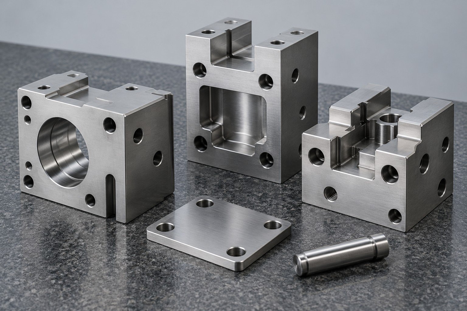 Separate fixture blocks, spacer and locating pin; illustrative component concept, not an actual customer part or measured result