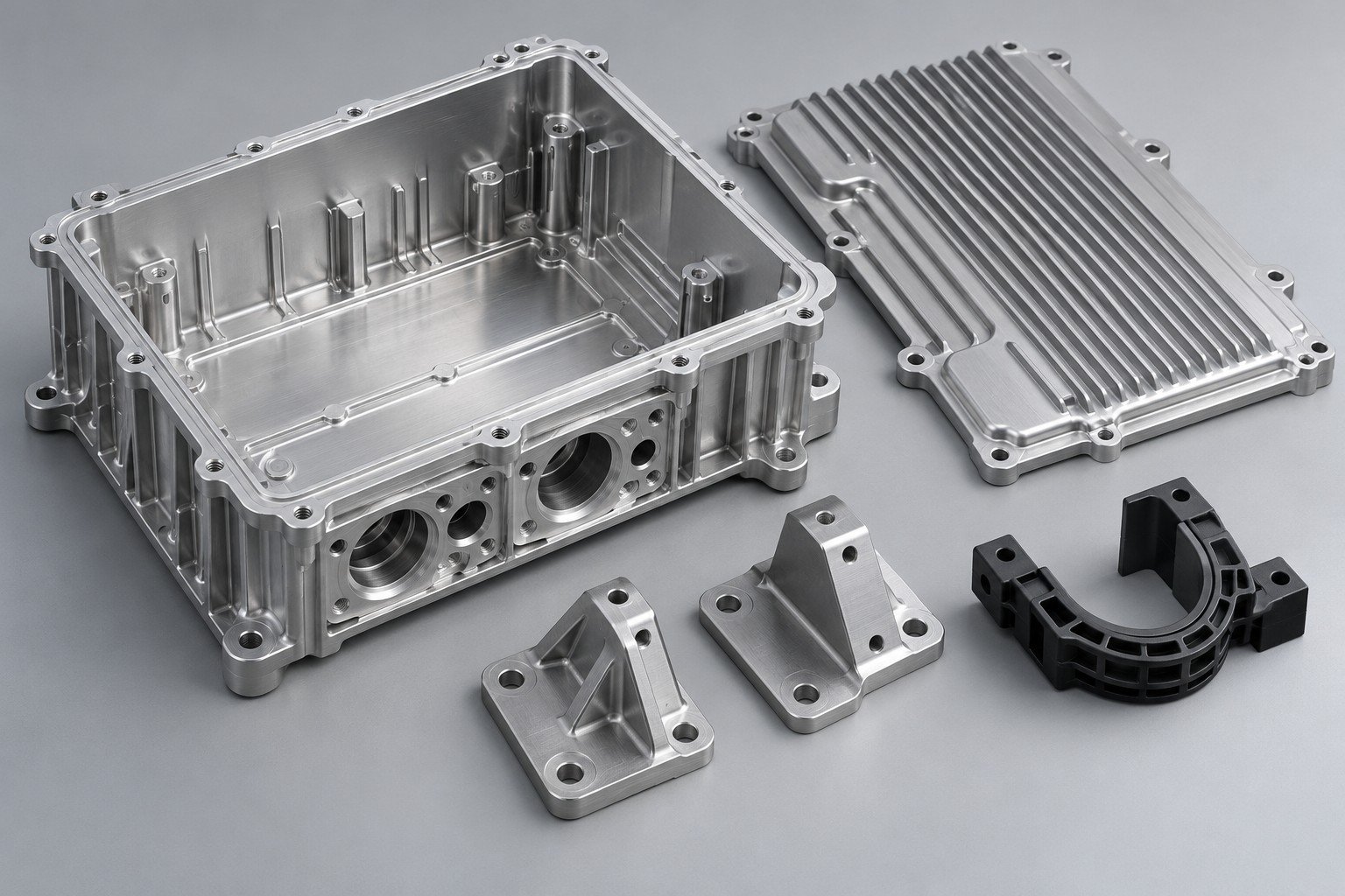 Empty EV electronics housing, separate cover and mounting hardware; illustrative component concept, not an actual customer part or measured result